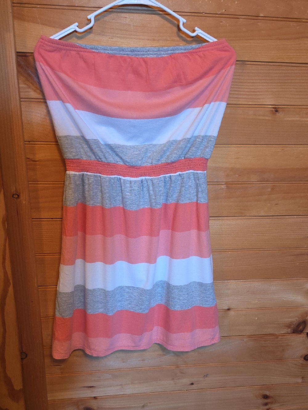 Banana Republic Coral, White & Gray Striped Strapless Dress